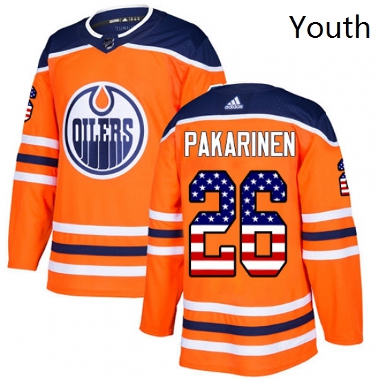 Youth Adidas Edmonton Oilers 26 Iiro Pakarinen Authentic Orange USA Flag Fashion NHL Jersey